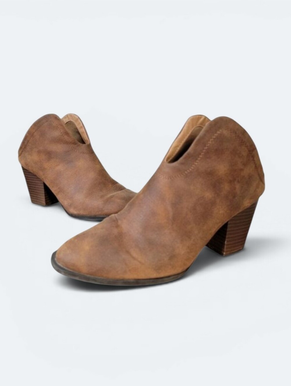 Qupid Prenton-01 Plunging V-Cut Mule Booties Brown Faux Leather Size 6.5
